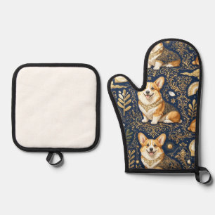Elegant Corgi Dogs Gold Damask Navy Blue Pattern Oven Mitt & Pot Holder Set