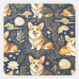 Elegant Corgi Dogs Gold Damask Navy Blue Pattern Square Sticker
