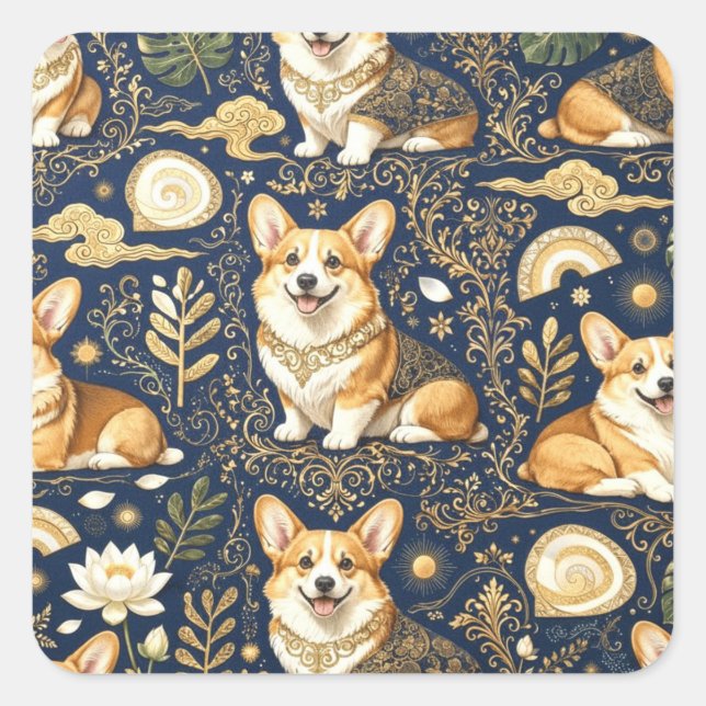 Elegant Corgi Dogs Gold Damask Navy Blue Pattern  Square Sticker (Front)