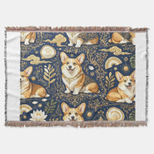 Elegant Corgi Dogs Gold Damask Navy Blue Pattern Throw Blanket