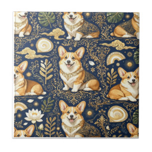 Elegant Corgi Dogs Gold Damask Navy Blue Pattern Tile