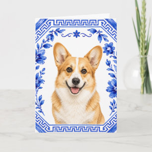 Elegant Corgi Greeting Card Blue & White Chinois