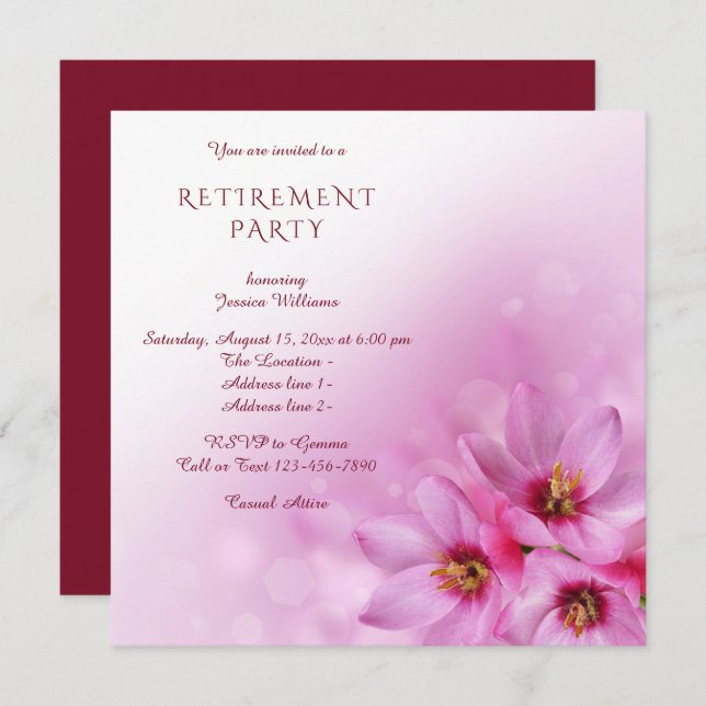 Elegant Corner Flowers, Bokeh Retirement Party Invitation (Front/Back)
