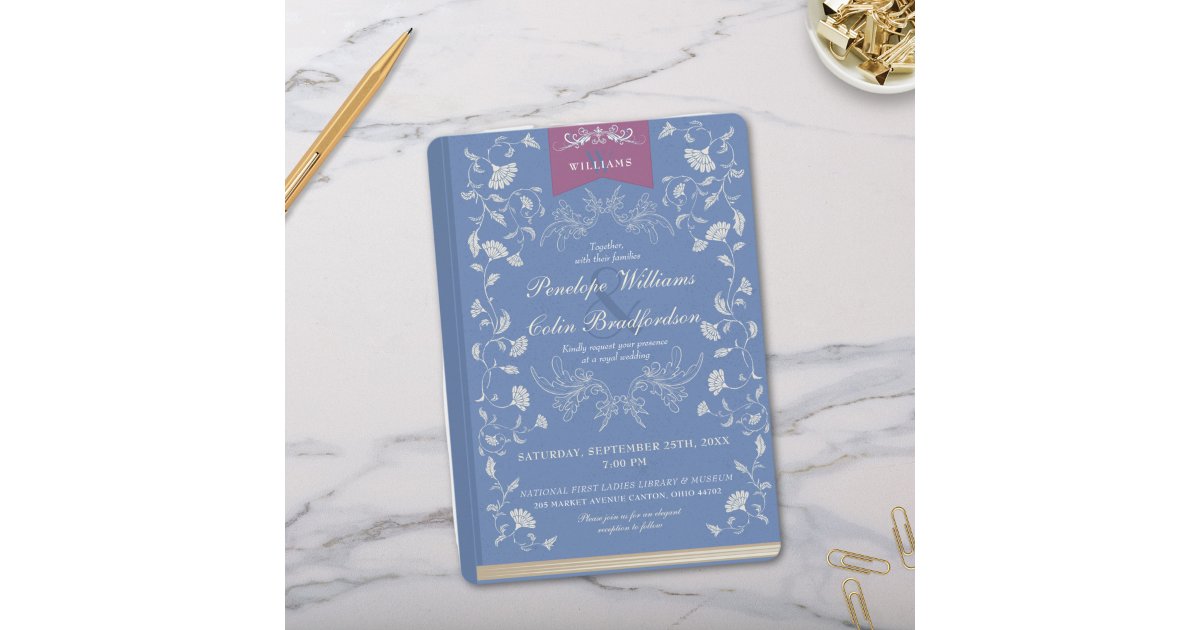 Elegant Cornflower Blue Floral Book Cover Wedding Invitation | Zazzle