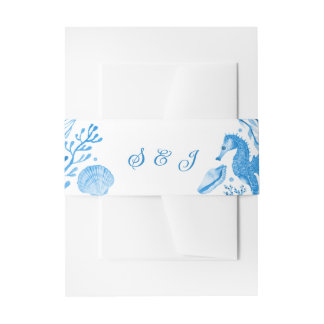 Elegant Cornflower Blue Watercolor Coastal Invitation Belly Band