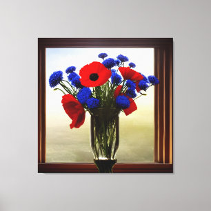 Elegant Cornflowers Poppies by Window Canvas Print