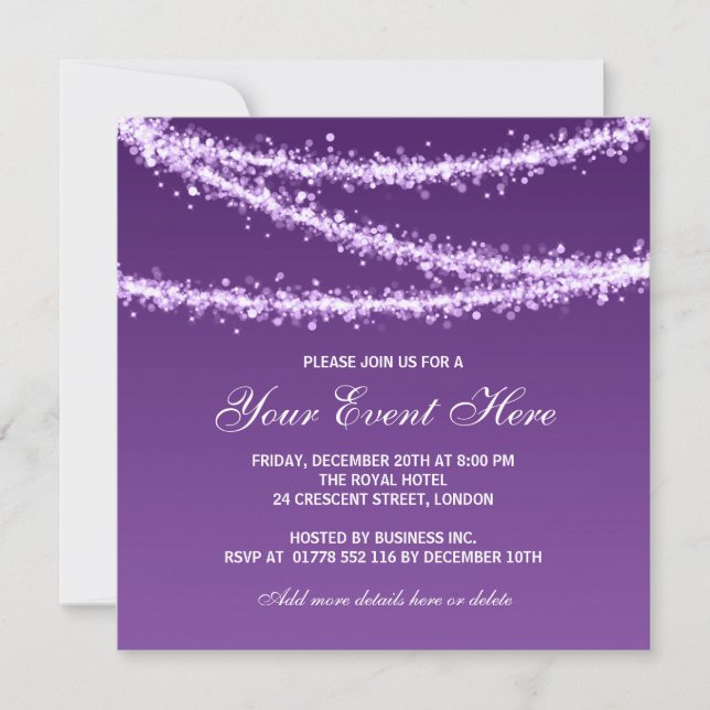 Elegant Corporate Party String Lights Purple Invitation (Front)