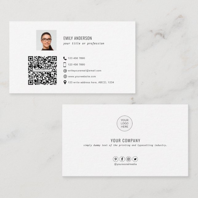 Elegant Corporate QR code photo social media logo Business Card (Front/Back)