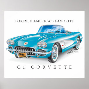 Elegant Corvette C1 Ilustration Cascade Colour Poster
