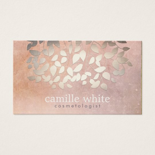 Elegant Cosmetology Faux Gold Foil Leaves Peach Business Card