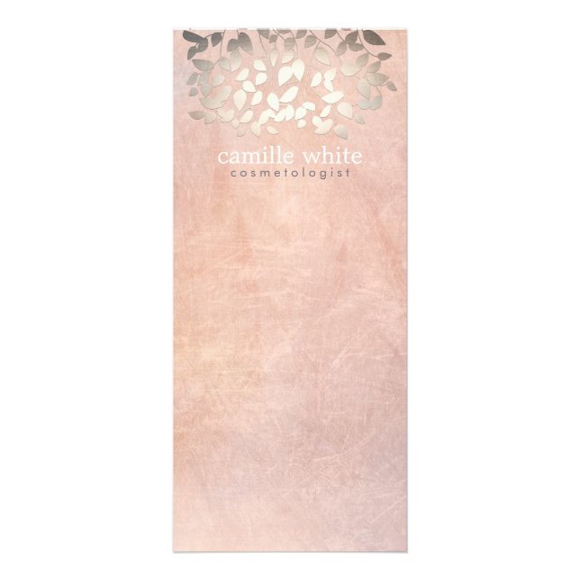 Elegant Cosmetology Faux Gold Foil Leaves Peach Rack Card (Front)