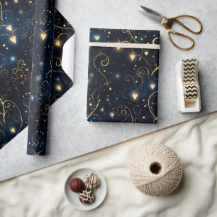 Elegant Cosmic Glowing Hearts in Blue and Gold Wrapping Paper