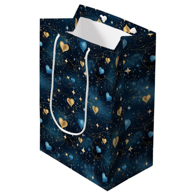 Elegant Cosmic Hearts in Blue and Gold Medium Gift Bag (Front Angled)