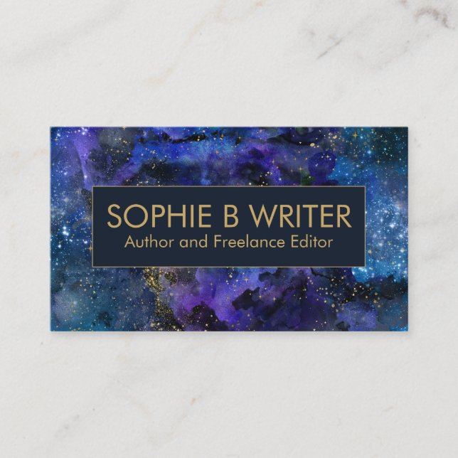 Elegant Cosmic Nebula Navy Gold Authors Writers Business Card (Front)