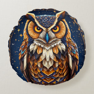 Elegant Cosmic Owl Artwork with Vibrant Feather Round Cushion