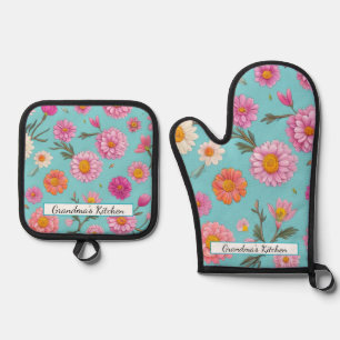 Elegant cottage pink orange floral daisies oven mitt & pot holder set