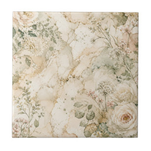 Elegant Cottagecore Marble Botanical Home Decor Tile