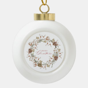 Elegant Cotton and Pinecone Christmas Wreath Ceramic Ball Christmas Ornament
