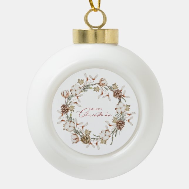 Elegant Cotton and Pinecone Christmas Wreath Ceramic Ball Christmas Ornament (Front)