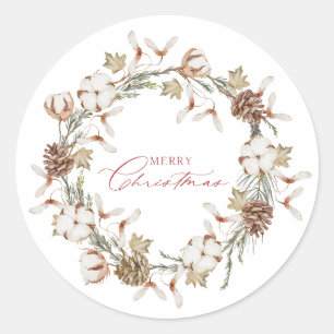 Elegant Cotton and Pinecone Christmas Wreath Classic Round Sticker
