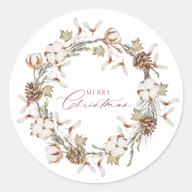 Elegant Cotton and Pinecone Christmas Wreath Classic Round Sticker (Front)