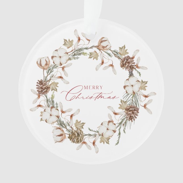 Elegant Cotton and Pinecone Christmas Wreath Ornament (Front)