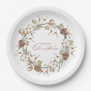 Elegant Cotton and Pinecone Christmas Wreath Paper Plate