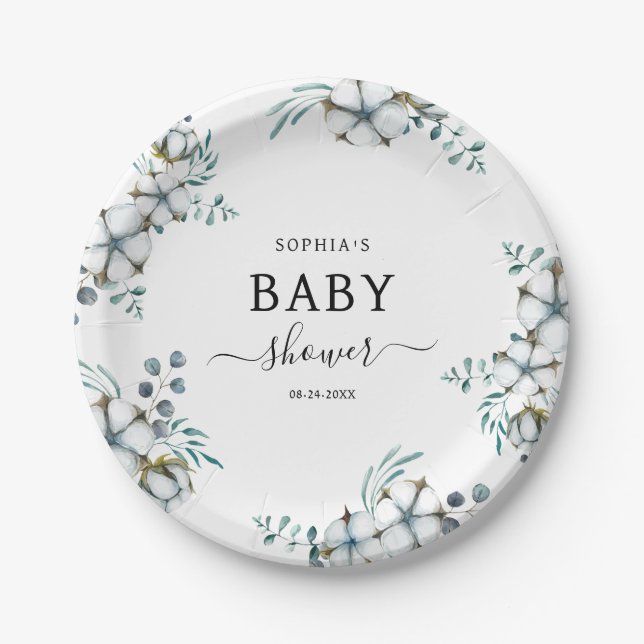 Elegant cotton flowers botanical Baby Shower Paper Plate (Front)
