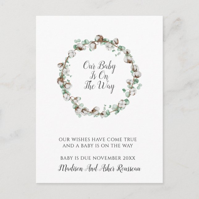 Elegant Cotton Greenery Frame Pregnancy  Announcement Postcard (Front)