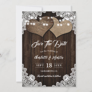 Elegant Country Burlap Floral Lace Wood Wedding Save The Date