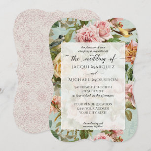 Elegant Country Chic Pink Rose Flower Bird Wedding Invitation