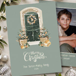 Elegant Country French Christmas Photo Rose Gold Foil Holiday Card