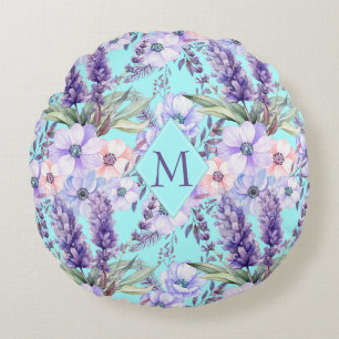 Elegant Country Lavender Floral Turquoise Monogram Round Cushion