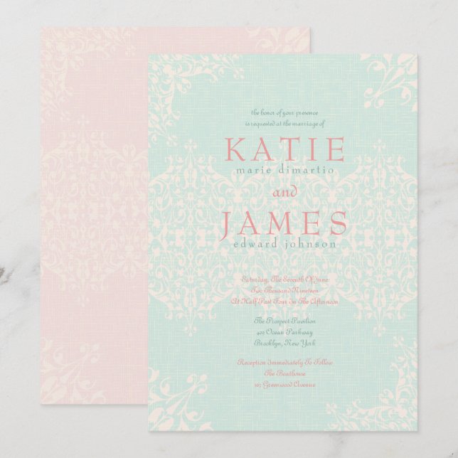 Elegant Country Mint & Peach Wedding Invitation (Front/Back)