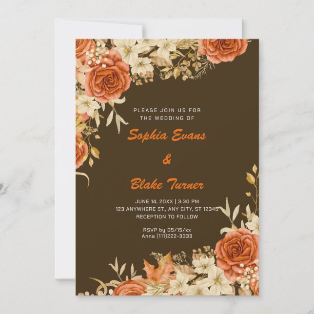 Elegant Country Orange Roses Brown Wedding Invitation (Front)