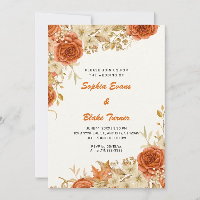 Elegant Country Orange Roses White Cream Wedding Invitation (Front)