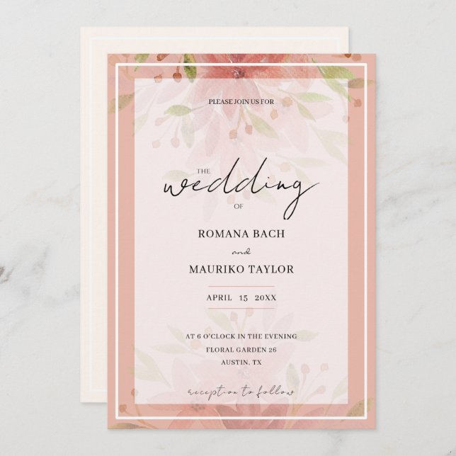 Elegant Country Peach Floral Terracotta Blush Invitation (Front/Back)
