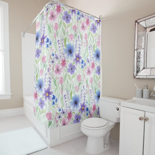 Elegant Country Pink Purple Blue Watercolor Flower Shower Curtain (In Situ)