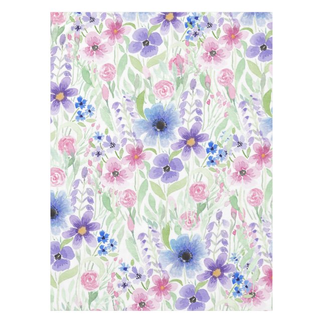 Elegant Country Pink Purple Blue Watercolor Flower Tablecloth (Front)