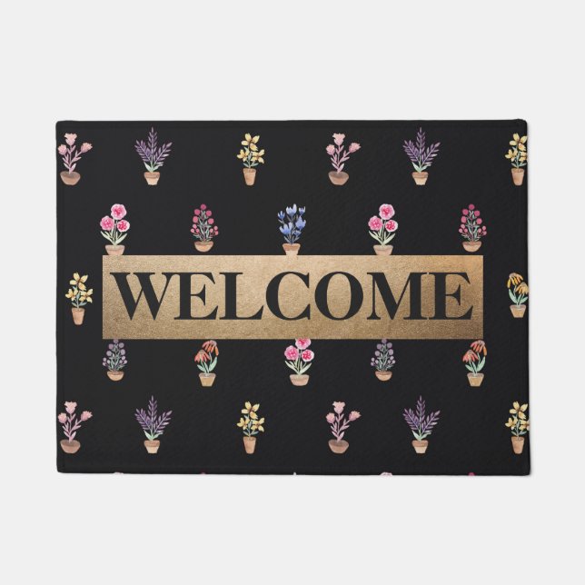 Elegant Country Potted Flowers Watercolor Monogram Doormat (Front)