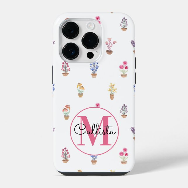 Elegant Country Potted Flowers Watercolor Monogram iPhone Case (Back)