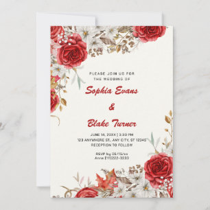 Elegant Country Red Roses Fall White Cream Wedding Invitation