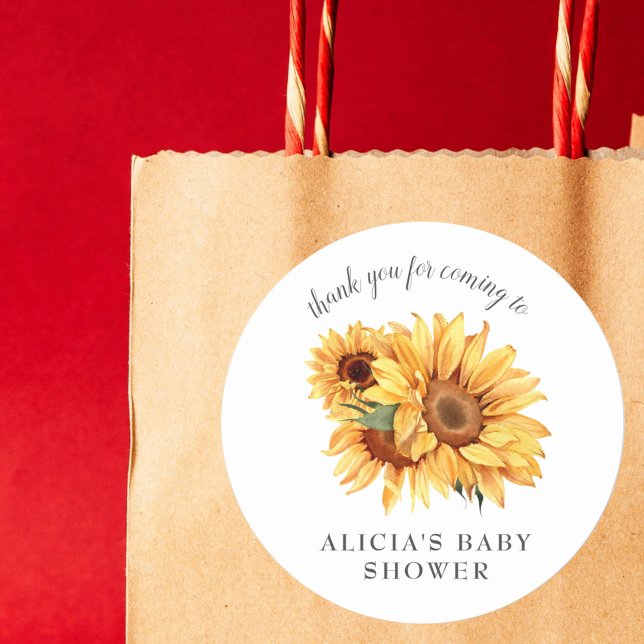 Elegant Country Sunflower Baby Shower Classic Round Sticker (Creator Uploaded)