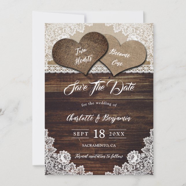 Elegant Country Two Hearts Floral Lace Wedding Save The Date (Front)