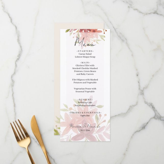 Elegant Country Watercolor Floral Terracotta Blush Menu (Front/Back In Situ)