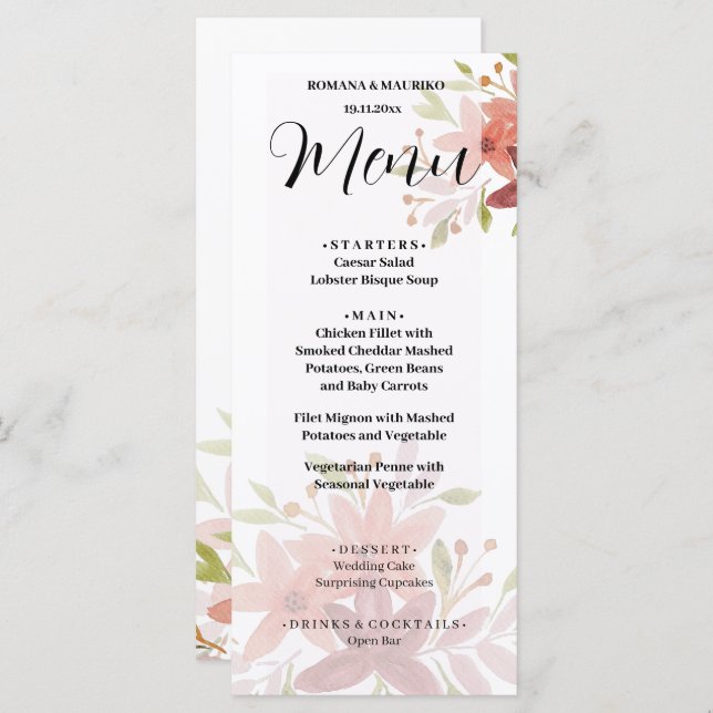Elegant Country Watercolor Floral Terracotta Blush Menu (Front/Back)