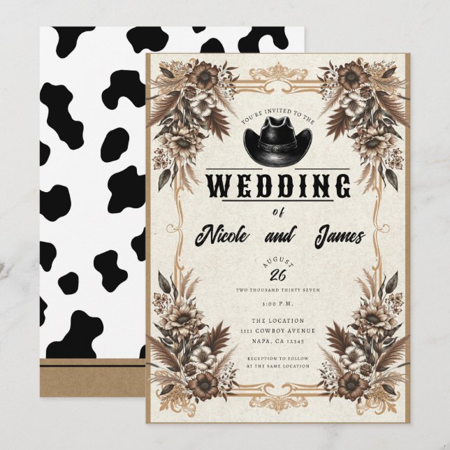 Elegant Country Western Cowboy Hat Floral Wedding  Invitation (Front/Back)