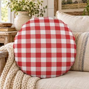 Elegant Countryside Picnic White Red Chequered Round Cushion