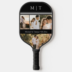 elegant couple 4 photos monogram black & white pickleball paddle