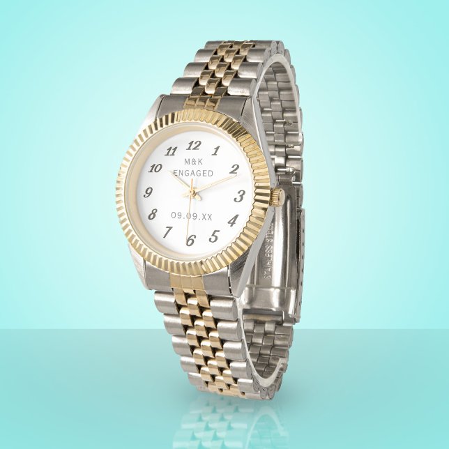 Elegant Couple Monogram Engaged Engagement  Watch (Give the gift of time for your engagement. Add your initials and date. Also works for an anniversary)